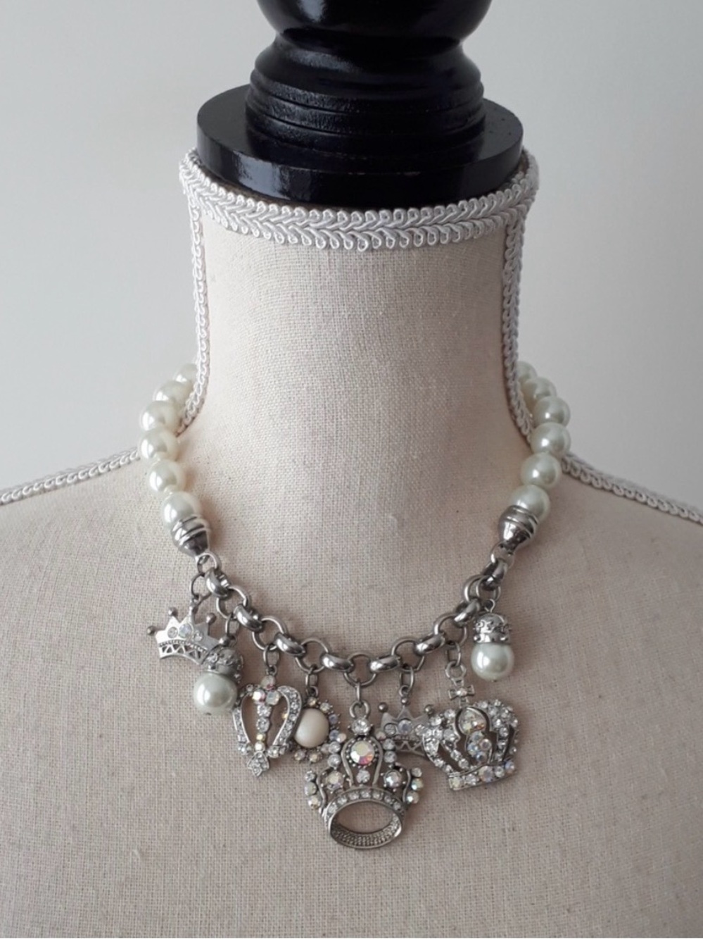 Pearl and Silver Charm Necklace with Crown Pendants